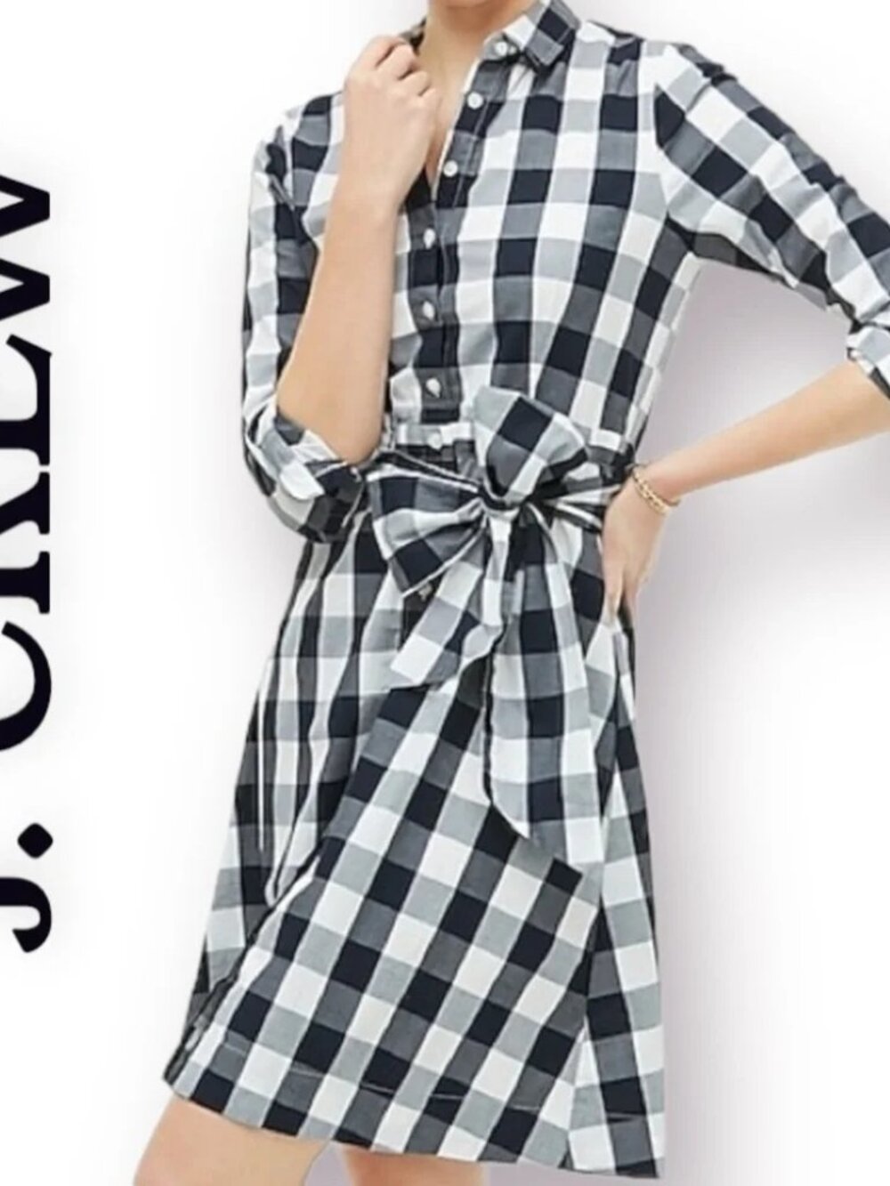 J Crew Midi Shirt Dress Navy Blue Buffalo Plaid Gingham Preppy Size 0